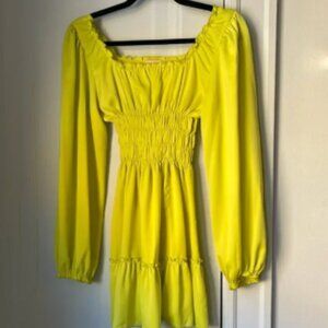 Lisa Says Gah XS Agatha Smocked Dress Long Sleeve Cocktail Chartreuse